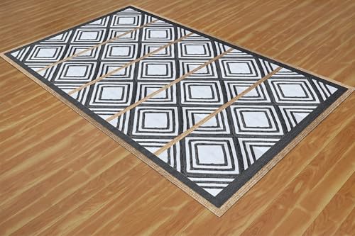 Tapis bohème en jute naturelle tissé main aux finitions noir et blanc