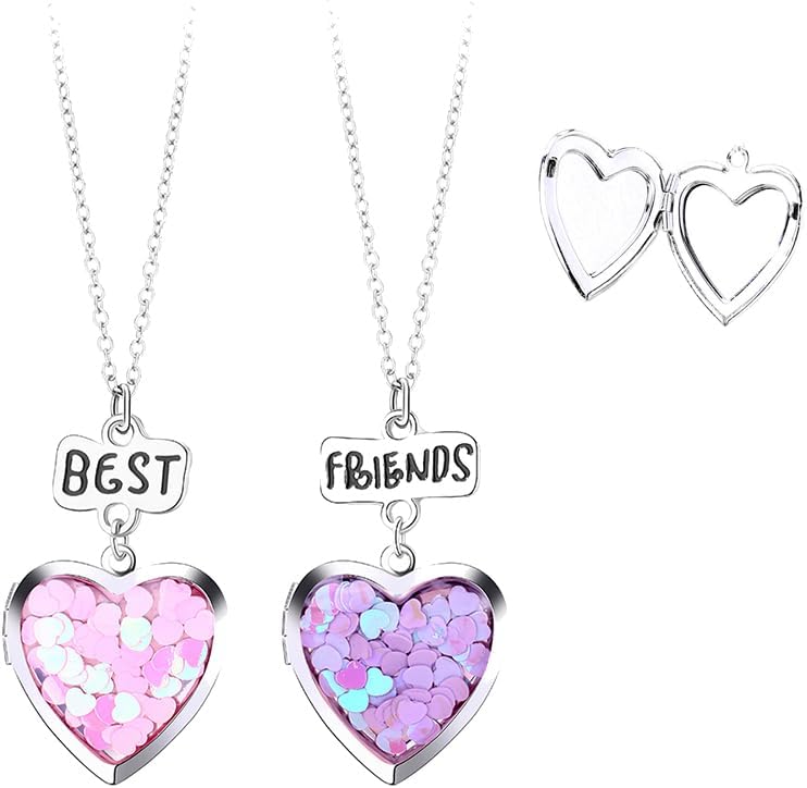 Heart Locket Necklace for Women Men Geometric Heart Photo Picture Necklace for Couples BFF Best Friends Neclace Jewelry 2Pcs