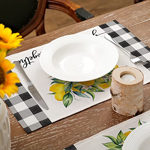 Arkeny Summer Lemon Flower Check Vase Gather Together Placemats 12X18 Inches Set Of 4,Seasonal Burlap Buffalo Plaid Farmhouse Indoor Kitchen Dining Table Decoration For Home Party #TOP1