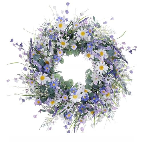 50CM Daisy Spring Wreaths for Front Door Outside Artificial Pink Rose,Blue Berry,Green Leaves Summer Wreaths Full Handmade for Farmhouse Wall Window Decor (Blue)