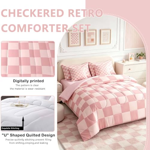 Image of Feelyou Checkered Retro 7 Piece Bedding Set Teen Women Men Pink Gradient Plaid Comforter Set with Sheets King Size Kids Boys Geometric Vintage Bed in a Bag Modern Simple Groovy Aesthetic Room Decor
