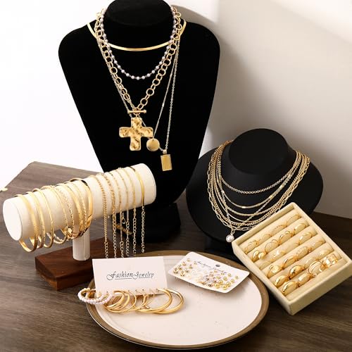 Image of FAXHION 68 Pcs Gold Jewelry Set for Women with 7 Necklace, 17 Bracelet, 5 Hoop Earrings, 15 Stud Earrings, 24 Knuckle Rings for Women Jewelry Set for Women Gift