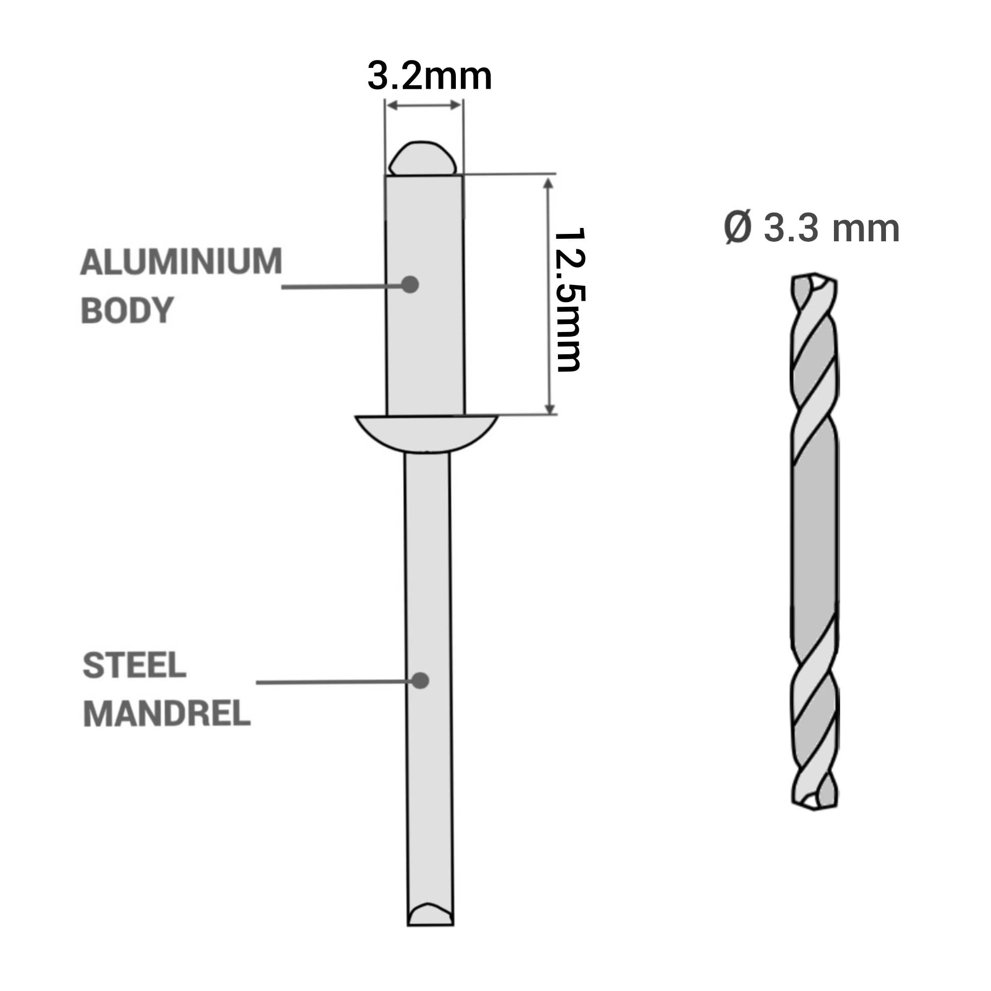 SKIR'CO (100 szt.) Nity zrywalne z zamkniętym końcem 3,2 x 12,5 mm, aluminiowe nity zrywalne, głowica kopułowa, stalowy trzpień, wiertło w zestawie