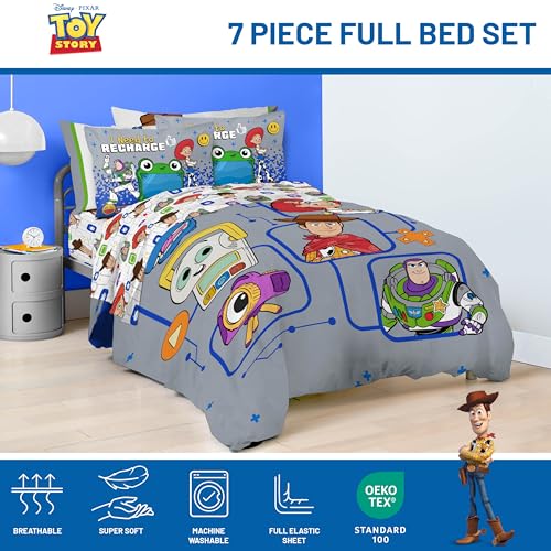 Image of Jay Franco Kids Comforter Set Includes Sheets and Pillow Covers - Soft and Cozy Bed Set for Stylish Room Decor, Official Licensed Bedding, Grey - Toy Story, 7 Piece Full