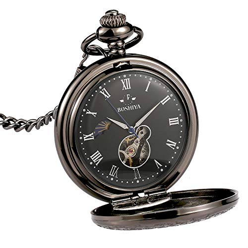 Steampunk Vintage Pocket Watch, Stainless Steel Day and Night Machinery Pocket Watch Chain and Box (Black)