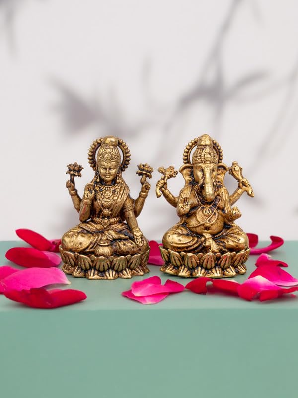 Adornefy Brass Laxmi Ganesh Idol Set | Hindu God Statue for Home Temple & Office | Decorative Murti for Pooja and Gifting (2- Inch Set, 100, Grams)