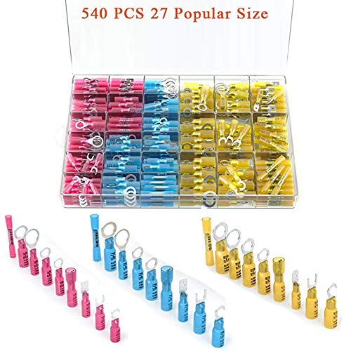 Davitu 540 PCS Heat Shrink Wire Connectors Electrical Terminals Kit Marine Automotive Crimp Connector Assortment Ring Fork Hook Spade B