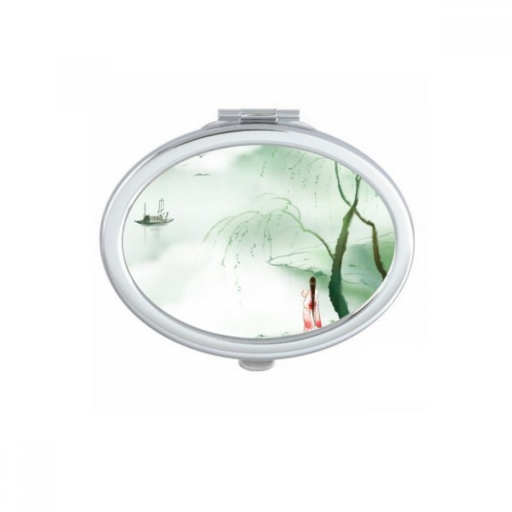 Miroir de poche de forme ovale au style chinois aquarelle pour retouches maquillage nomades