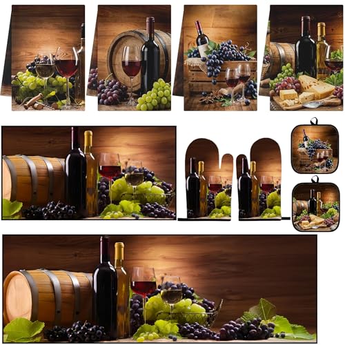 Nesphy 10 Pcs Red Wine Kitchen Decor and Accessories Set 4 Dish Towels Kitchen Rugs 2 Oven Mitts 2 Pot Holders Home Decor for Cooking Baking BBQ Gifts Women Mom Housewarming
