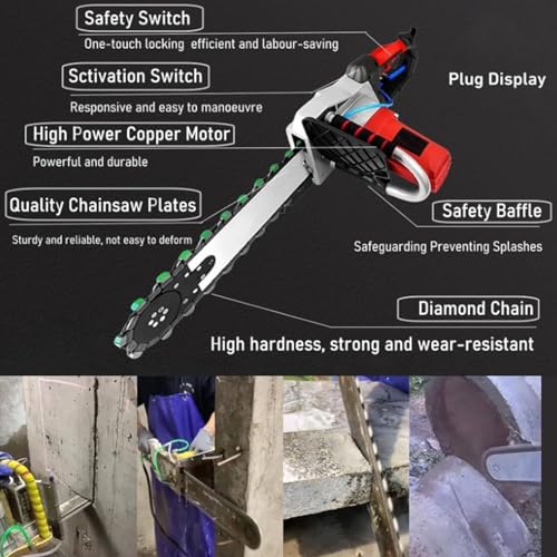 Sierra Eléctrica De Cadena para Hormigón, Máquina De Corte De Pared Portátil para Granito/Hormigón/Mármol, Equipo De Corte Industrial con 2 Cadenas Y 2 Barras Guía.，Profundidad 35 cm