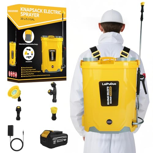 Battery Powered Backpack Sprayer 5.3 Gallon,100 PSI Electric Sprayer Compatible with DeWalt 20V Battery, Spray Ground Backpack with 4 Nozzles, for Lawn and Garden,3.0 Ah Battery & Charger Included
