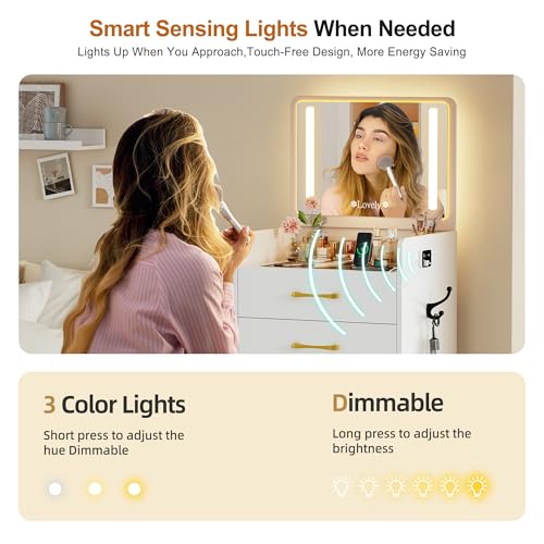 Lvifur 3 in 1 Vanity Desk with Flip Top Mirror and Lights,Glass Top Compact Vanity with 3 Drawers &Rolling Stool, Modern Small Makeup Vanity Table with Charging Station,Bedroom,White