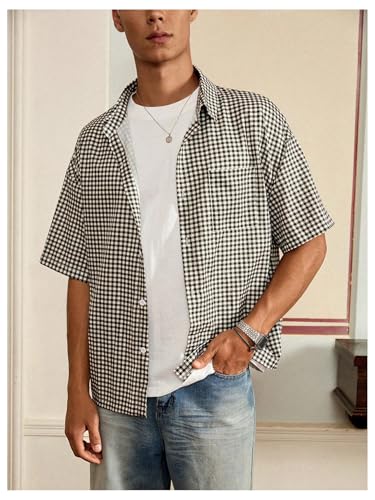 GORGLITTER Men's Plaid Button Up Crop Top Shirt Gingham Short Sleeve Tee Shirts4