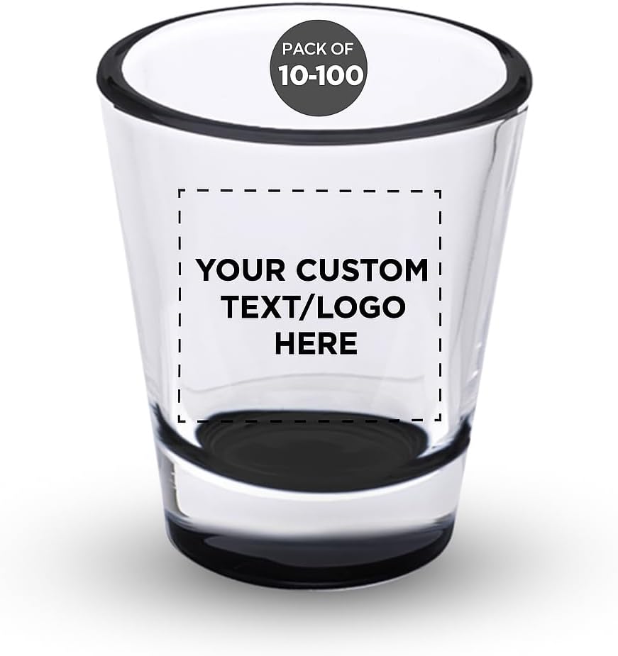 DISCOUNT PROMOS Custom Shot Glasses 1.75 oz. Set of 10/50/100, Personalized Bulk Pack - Great for Wedding Favors, Bachelorette Decorations, Party Favors - Black Bottom Color