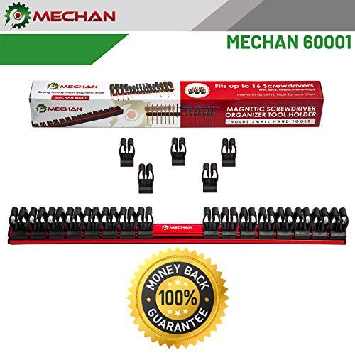 Mechan Magnetic Screwdriver Organizer Tool Holder Tray Rack, With Ultra Strong Neodymium Magnet Strip + Replacement Clips – Holds Screwdrivers, Drill Bits, Nail Sets,(Red Rail/Black Clips)