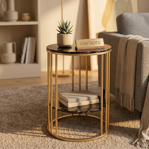Image of CARTADEN Side Table, Small Round End Table with Lower Shelf, Nightstand for Small Spaces, Bedside Coffee Table for Living Room, Bedroom Gold Black