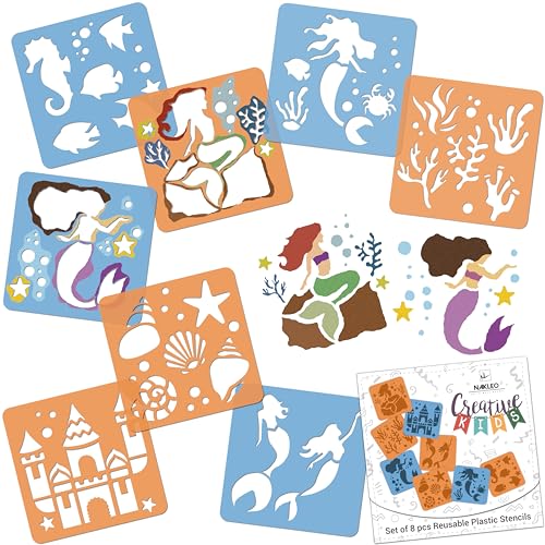 NAKLEO Pochoirs de Dessin pour Enfants 8 Pcs 15x15cm Sirènes, Plastique et Réutilisable Créatif Modèles pour Peinture, DIY Bricolage Décoration Arts et...