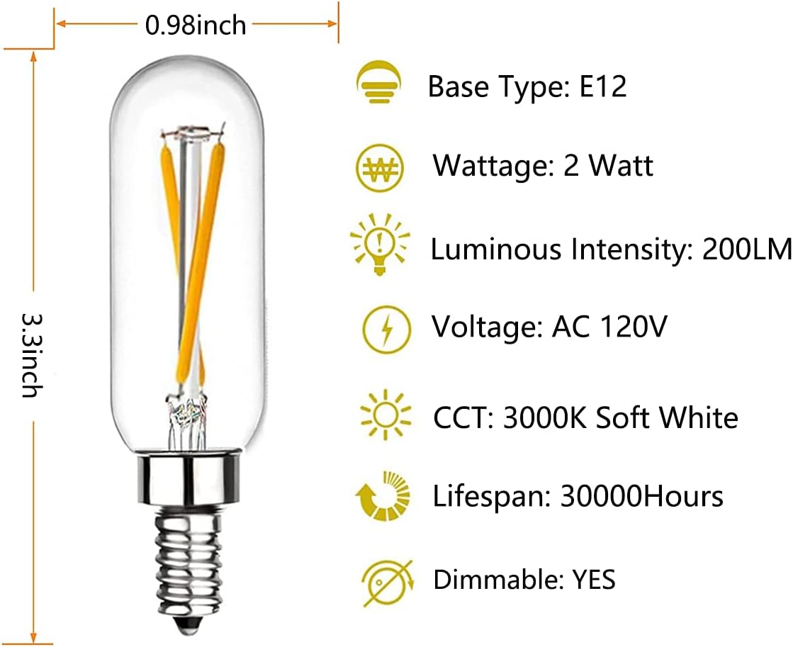 Beonllay Dimmable T6 LED Bulbs 25W Candelabra Bulbs 3000K Soft White, Clear Vintage 2W E12 LED Filament Edison Chandelier Light Bulbs with Decorative, 12 Pack