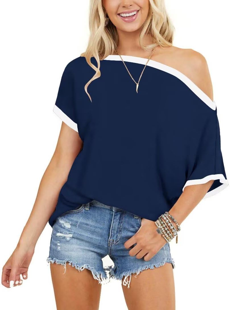 LEEDYA Off The Shoulder Tops for Women Summer Short Sleeve T-shirts Loosed Batwing Shirts Sexy Oversized Tunic Blouse - Image 2