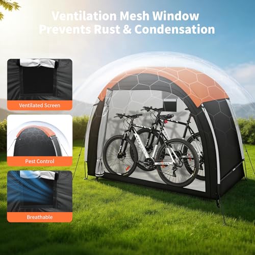 Image of Bike Storage Tent with Rain Cover & Mesh Window, PU5000 Waterproof Bike Shed for 2 Bikes, Portable Outdoor Storage Shelter for Bicycle, Motorcycle, Lawn Mower, Garden Tools (6.6x2.6x5.6FT)