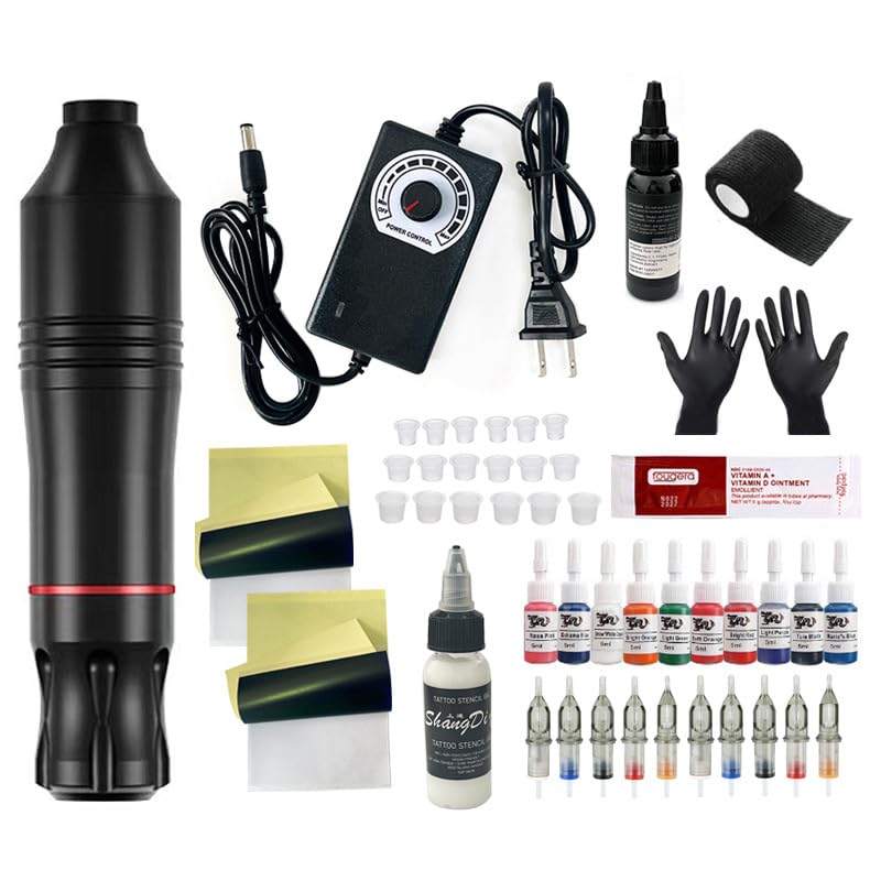 Tattoo Kit Tattoo Gun Complete Tattoo Machine Kit 20 Cartridge Needles 10 Ink Color Set for Supply Practice Skin (Sliver)