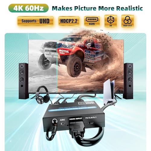 Image of HDMI Audio Extractor Converter, 4K@60Hz Audio Adapter with Optical SPDIF + 3.5mm Stereo + Analog RCA L /R Audio Adapter, HDMI ARC Converter Supports 5.1 HDCP 2.2 HDR 18Gbps, for PS5 Xbox HDTV