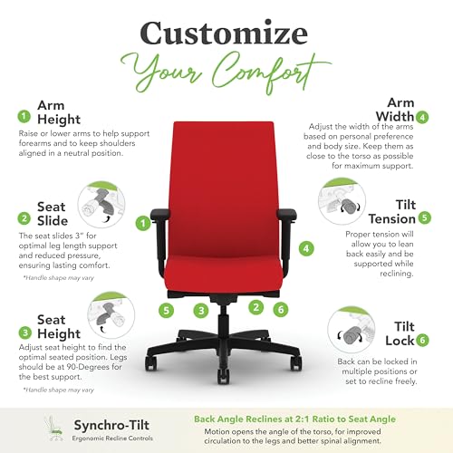 Image of HON Ignition 2.0 Ergonomic Office Chair with Adjustable Arms, Advanced Synchro‑Tilt Recline, Upholstered Desk and Computer Chair for Home Office or Workstation, Black Frame, Ruby
