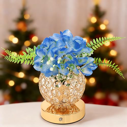 Image of Blue Artificial Hydrangea Flower Lamp, 3 Color Dimmable Touch Control Night Light, Christmas Birthday Gifts for Women, Artificial Hydrangea Flower Table Lamp Decor for Bedroom Bar Coffee Shop Wedding