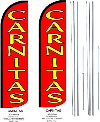 Carnitas Flags Pack of 2 | 2.5ft x 11.5ft Advertising Carnitas for Business | Outdoor Feather Flags for Restaurants | Weatherproof Polyester (With Complete Hybrid Pole Set)