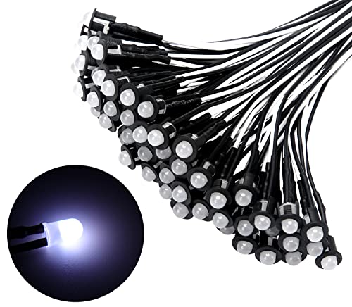 Lyeteung 50 Piezas 5mm 12V LED de Diodo Pre-Cableado, Blanco, 20cm Precableado LED Diodos Color Difuso Emisores de Luz + 50 Piezas 5mm Plástico Soporte de LED