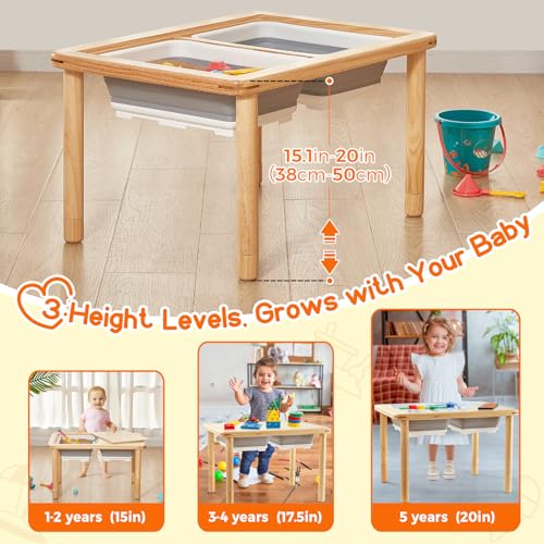 Image of FUNLIO Wooden Sensory Table for Toddlers 1-5, 3-Level Height Adjustable Kids Activity Table with Anti-Warping Plywood Lid, Indoor /Outdoor Play Sand and Water Table, CPC Certified