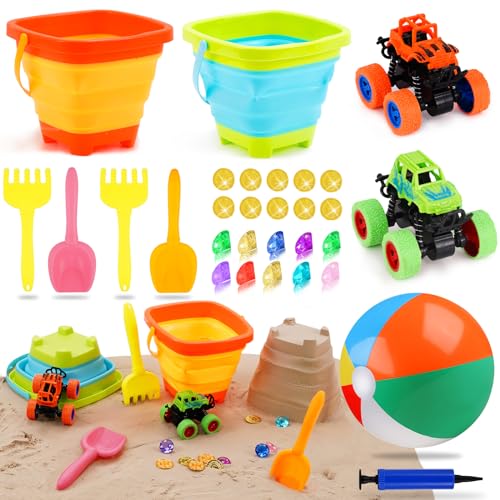 Juguetes de Playa para Niños 30Piezas, Juegos Playa con Cubo de Playa Plegable 2L, Pelota Playa, Camión Monstruo, Gemas, Juguetes Arena para Niñas Niños, con Caja de Regalo