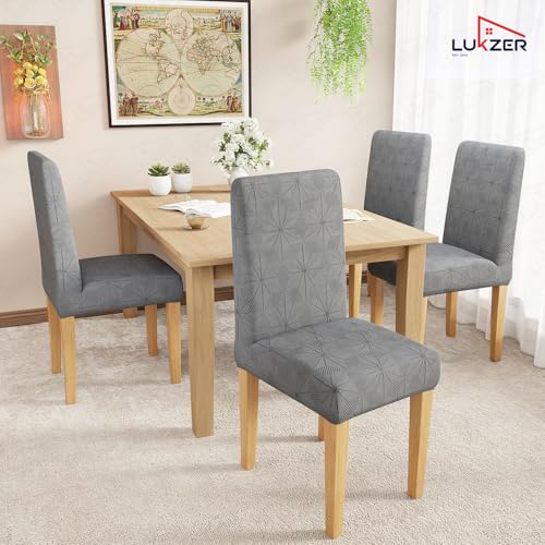 Image of Lukzer Elastic Dining Chair Cover - 2PC Pastel Dark Grey Starlight | Textured High Stretch Jacquard Seat Cover | Removable Washable Short Dining Chair Cover Protector Seat Slipcover | (CC-140-02)