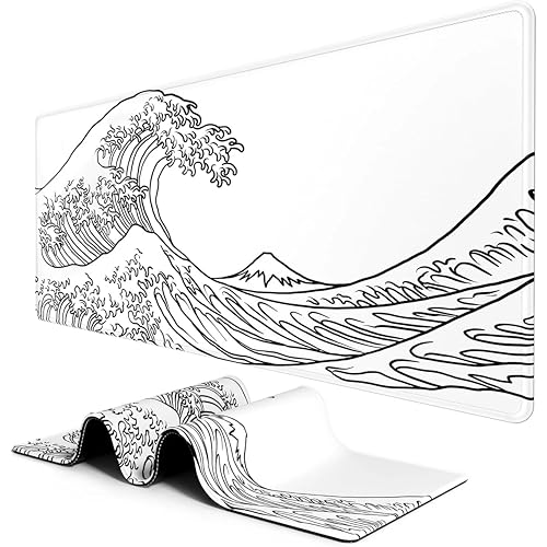 Image of Printed Gaming Mousepad - Premium Stitched Edges, Smooth Surface,Size 11x23 inches, Non-Slip Rubber Base - Ideal for Office & Gaming Setup (Art Kanagawa Surfing)