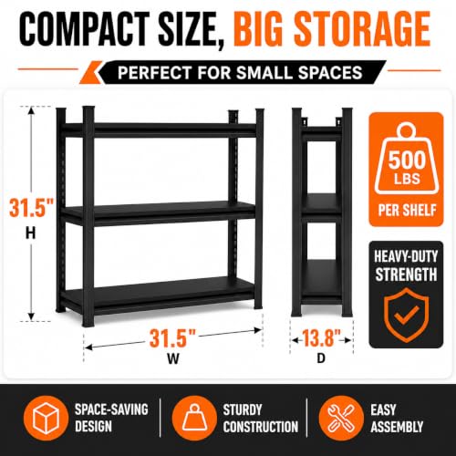 Image of Metal Garage Shelving Unit, Heavy Duty Adjustable Storage Shelves, Steel Shelving, 1500 lbs Capacity Shelves for Heavy Tools and Equipment, 3 Tier, 31.5 inch W x 13.8 inch D x 31.5 inch H