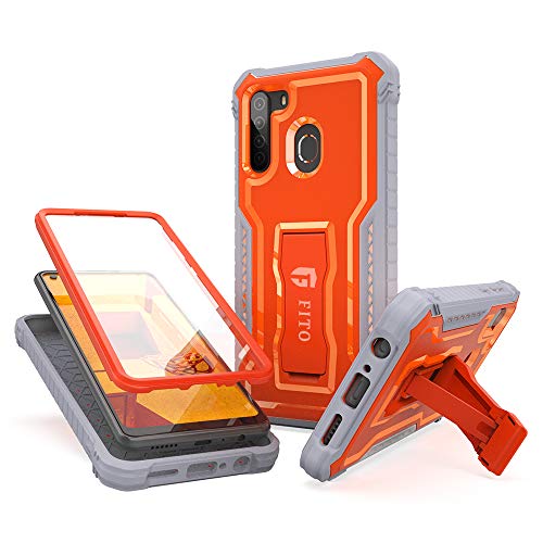 FITO Samsung Galaxy A21 Case, Dual Layer Shockproof Heavy Duty Case with Screen Protector for Samsung A21 Phone, Built-in Kickstand (Orange)