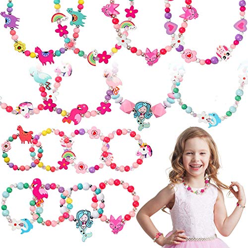 10 Sets Beaded Necklace And Bracelets For Girls Unicorn Mermaid Rainbow Animal Pendant Colorful Wooden Beads Princess Necklace Dress Up Pretend Play Jewelry Set Party Favor Gifts For Toddlers Kids #TOP1