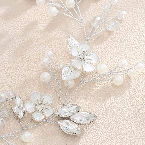 Barogirl Bride Wedding Headband Flower Hair Vine Crystal Bridal Hair Accessories for Women (Silver)