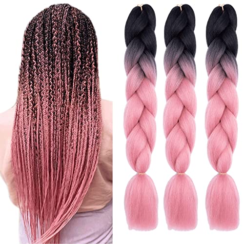 Xtrend 24 Inch 3 Packs Ombre Jumbo Braiding Hair Synthetic Ombre Braiding Hair High Temperature Synthetic Crochet Braids Hair Extensions for Women(3Packs,Black/Orange Pink#)