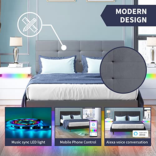 Zafly Platform Led Bed Frame Full,Upholstered Full Size Bed Frame With Adjustable Headboard,Full Size Bed With Rgb Led Strip Light,Wooden Slats Support,No Box Spring Needed,Easy Assembly (Full,Grey) #TOP4