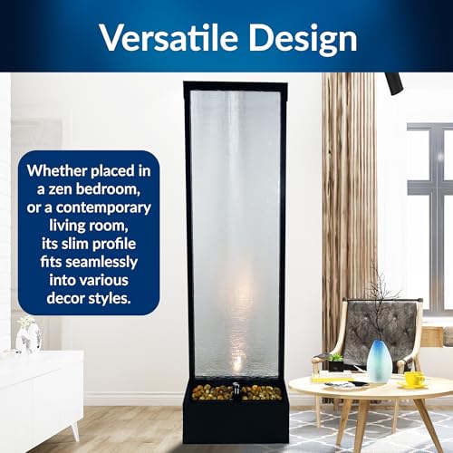 Image of Alpine Corporation MLT170L 72 inch Waterfall Fountain with LED Light Cascading Textured Glass & Aluminum Floor Design, Indoor, Black