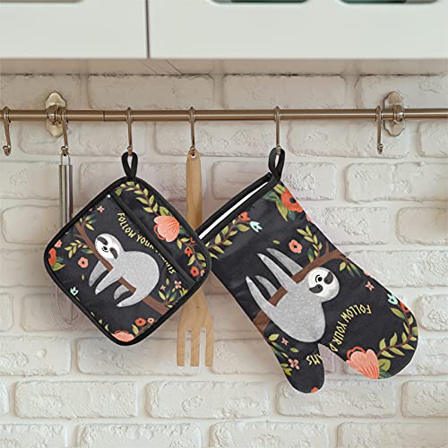 Sloth Oven Mitts And Pot Holders Set Of 2, Sloth Floral Heat Resistant Oven Mitt Soft Pot Holders Sets For Baking, Cooking, Bbq #TOP3