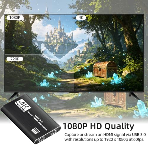 4K HDMI Capture Card for Streaming, Full HD 1080P 60FPS USB 3.0 Cam Link Game Audio Video Capture Card, Work with Camera/Switch/Xbox/PS4/PS5/PC/OBS (Black)