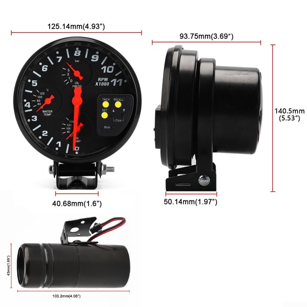 Tachimetro 4 in 1 per auto con sensore, 12 V, per motori a 4/6/8 cilindri, monitora la pressione della temperatura dell'olio dell'acqua, 0-11000 giri/min, retroilluminazione rossa e blu, 12,7 cm