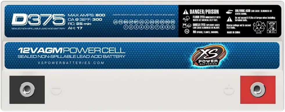 XS Power D375 800 Amp AGM Battery with M6 Terminal Hardware - 12 Volt 17Ah 300CA Deep Cycle AGM Powercell for Car Audio Stereo Systems - 11.5 lbs, Maintenance Free, Sealed Design