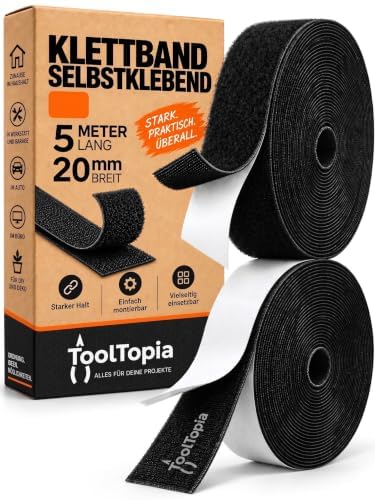 Nastro a Strappo Autoadesivo Extra Forte Esterno & Interno 20mm x 5m Nero, Nastro a Uncini e Occhielli Adesivo per Bricolage, Cucito, Casa, Cucire - ToolTopia Qualità Artigianale