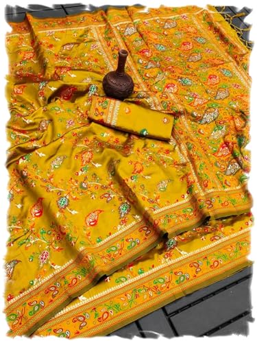 Pandadi Saree Woman's Mustard Pashmina Kashmiri Silk Saree with Unstitched Blouse Piece.