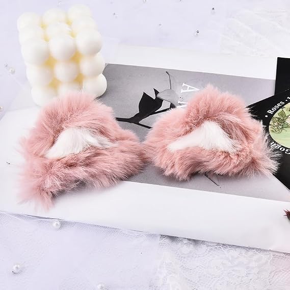 Cute Pink Cat Ears Clips for Hair Furry Realistic Halloween Cats Ears Clips Hairpins Barrettes Kawaii Plush Cat Kitty Cosplay Party Hair Accessories Halloween Costumes Headpiece Headdress