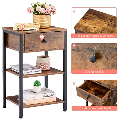 Hoctieon Nightstand, End Table With Drawer, Beside Table Furniture, Tall Nightstand Dresser, Open Storage Shelf, Easy Assenbly, For Bedroom, Living Room, Office, Wood, Rustic Brown #TOP5