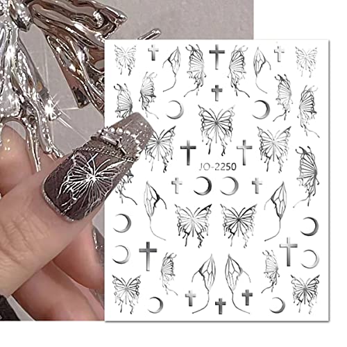 Butterfly Nail Art Stickers Decals Laser Butterfly Nail Designs 3D Black White Silver Cross Star Moon Butterflies Nail Art Adhesive Stickers Foil Butterfly Nail Stickers For Nail Art Decoration 3D Butterflies For Nails (6 Sheets) #TOP5